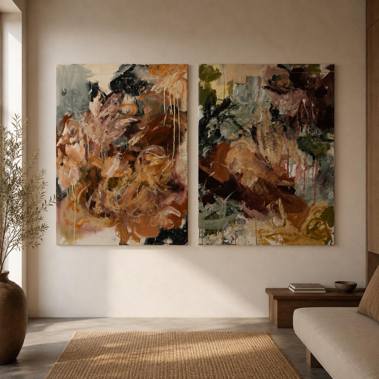 Großformatiges Diptychon in Ocker und Grün über einem Wohnraum-Sideboard