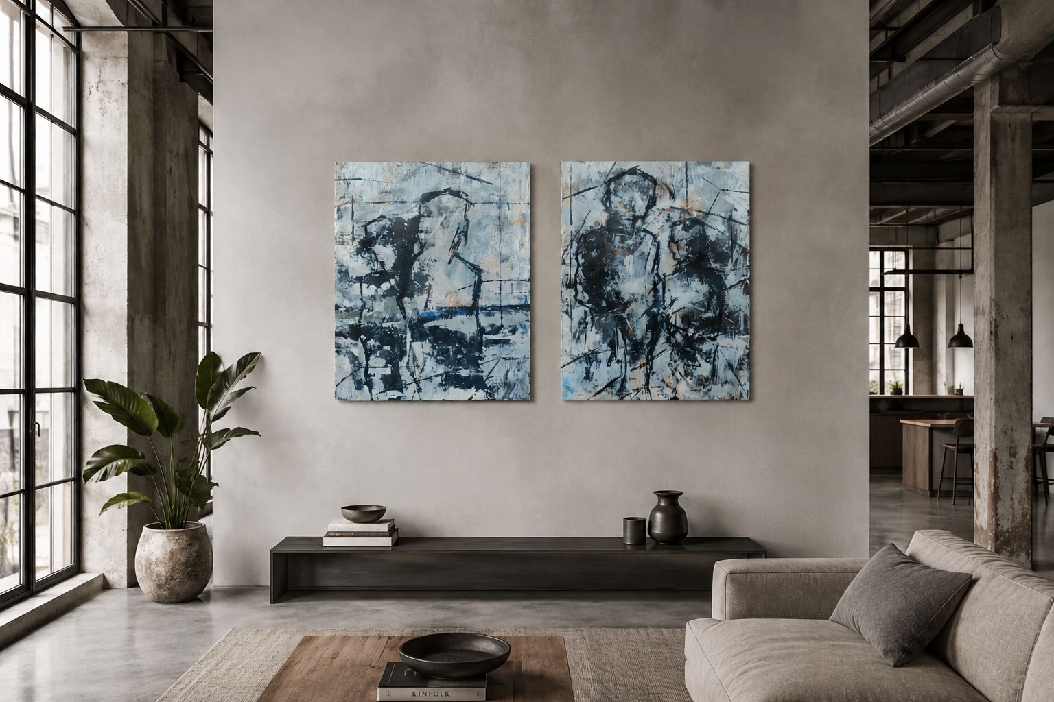Kontakt Fragmente — Diptychon in einem Loft-Wohnraum